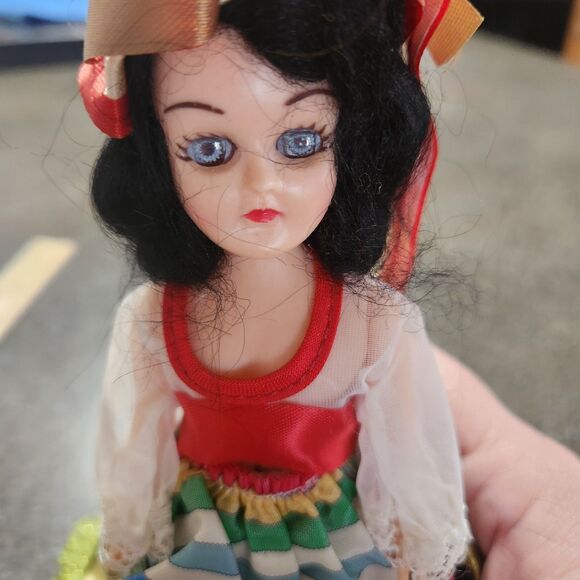 Vintage Plastic Celluloid Doll in red& green Dress with stripped apron blk shoes - Picture 5 of 5
